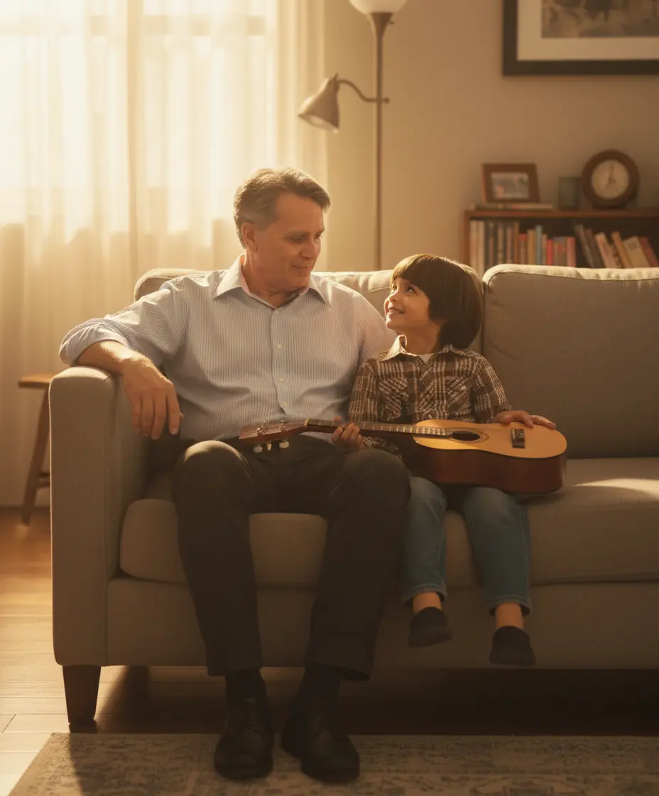 Efraín Verdugo junto a Efra, su representación de niño, comparten una guitarra
