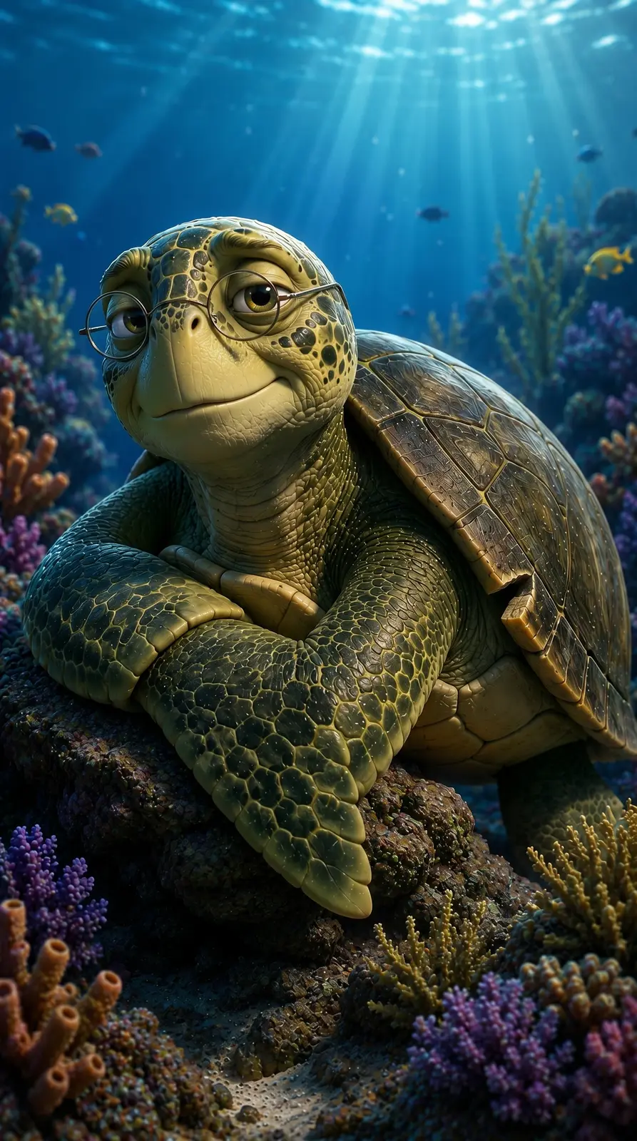 Leo, una tortuga marina con anteojos, observa con calma desde el arrecife